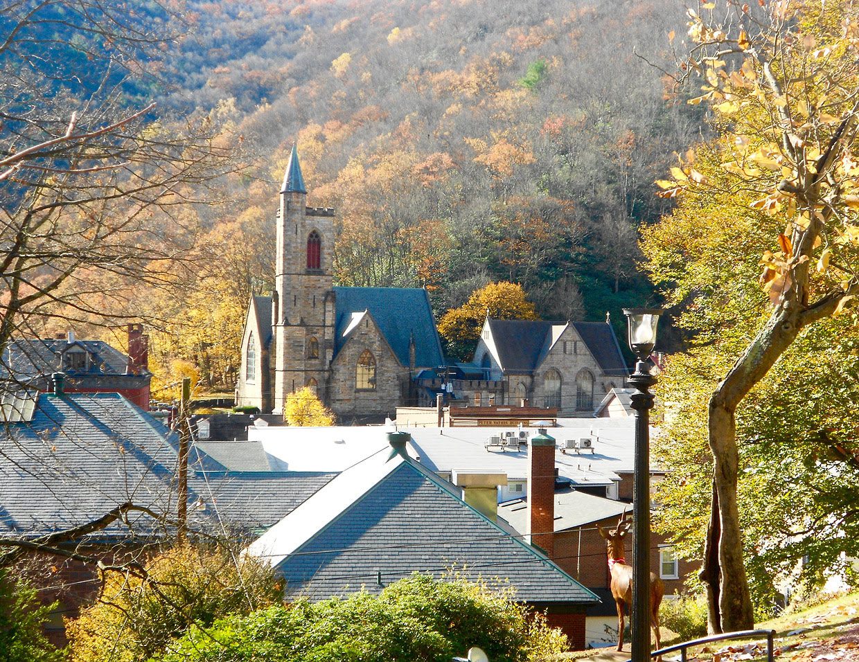 Historic church amidst autumn trees and rooftops.