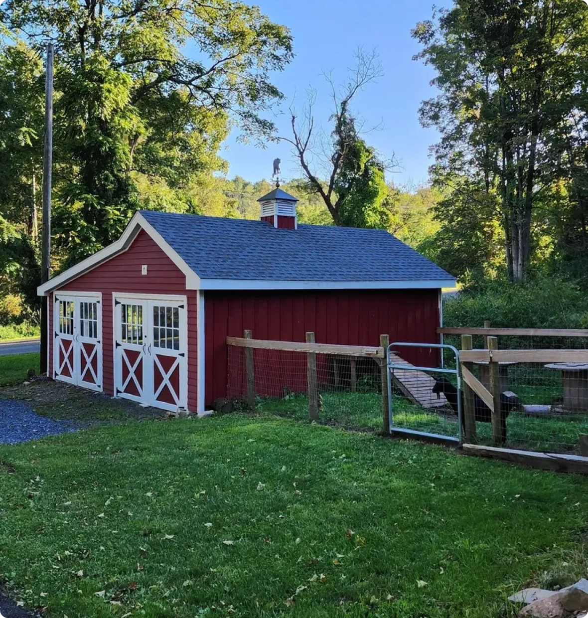 Rustic barn surrounded by green foliage