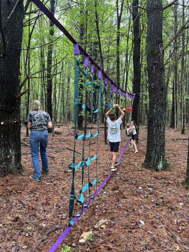 Children playing on a forest obstacle course.